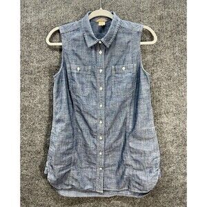 Duluth Trading Chambray Button Front Top Women’s Small Blue Sleeveless Pockets